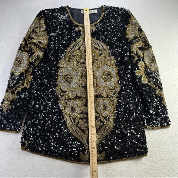 Vintage Night Vogue Black Sequin Silk Jacket Gold Embroidery Formal Sz M - Picture 9 of 10